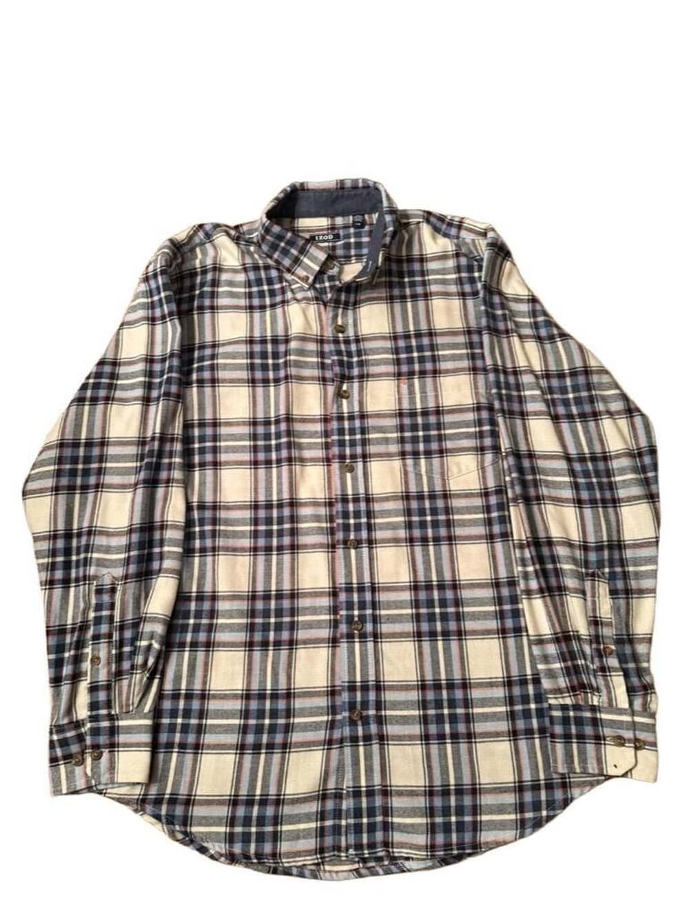 IZOD Plaid Flannel Shirt Size L Blue White Button Down Long Sleeve h 1526